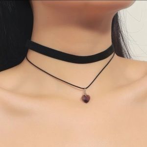 Black Velvet Choker Necklace Set – Layered with Purple Heart Crystal Charm